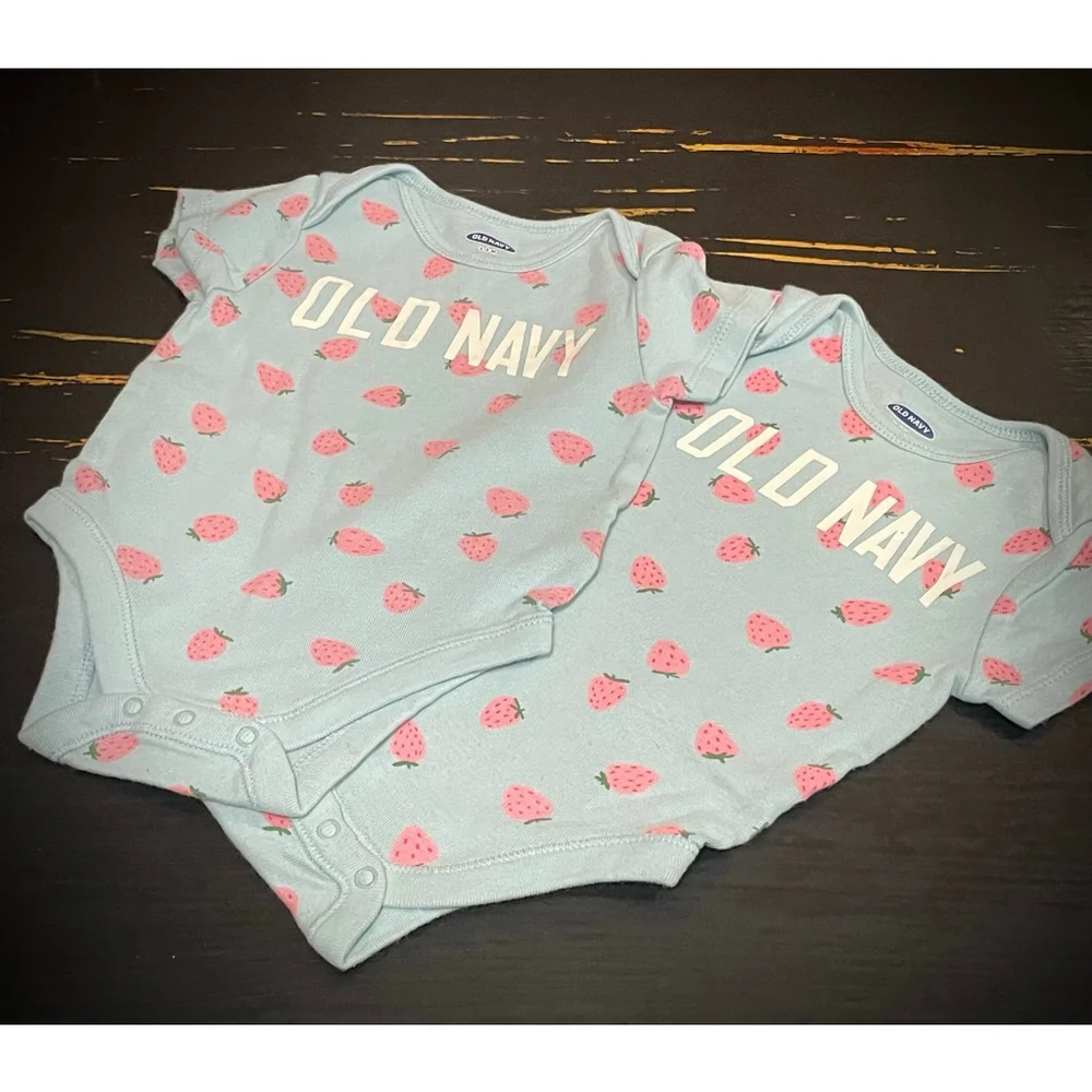Old Navy Bodysuits 3-6 Months Light Blue Pink Strawberry twin girls matching
